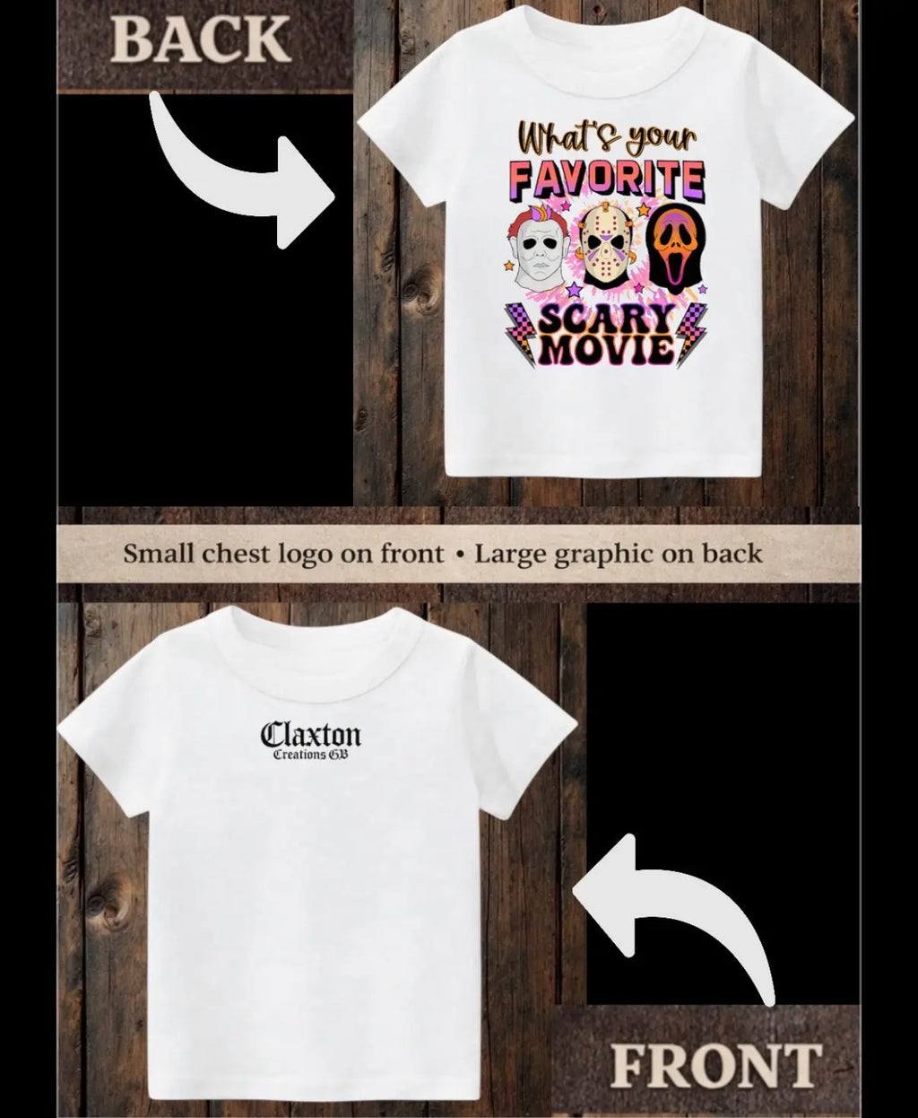 Tiny terrors- What’s your favourite scary movie?- white Tee Claxton Creations GB