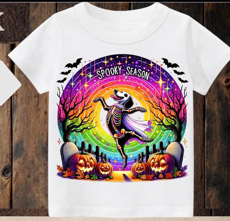 Tiny terror Tee- spooky season rainbow 🌈 skeleton 💀 dog 🐶