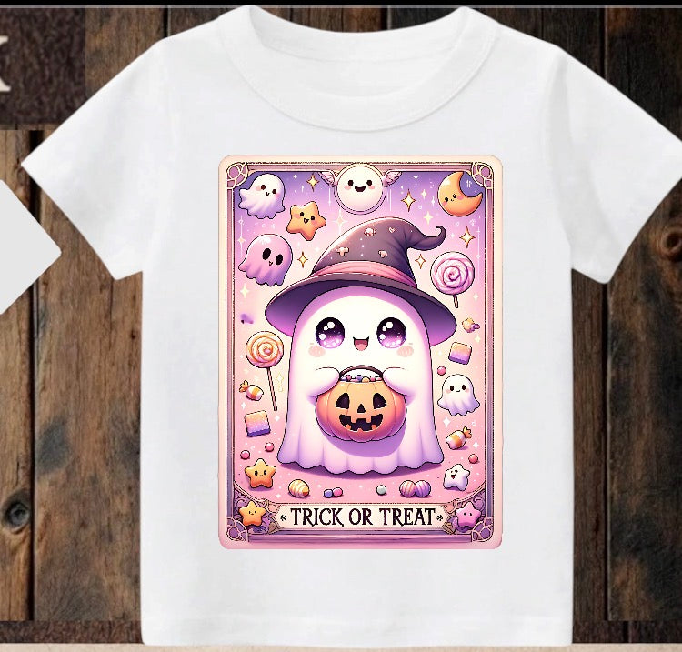 Tiny terror Tee- cute ghost trick or treat tarot card