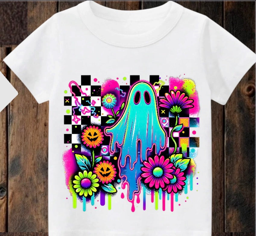 Tiny terror Tee- bright colourful checkered ghost