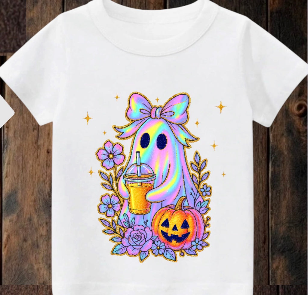 Tiny terror Tee- cute girl 🎀 ghost 👻 iced drink 🥤 Halloween 🎃