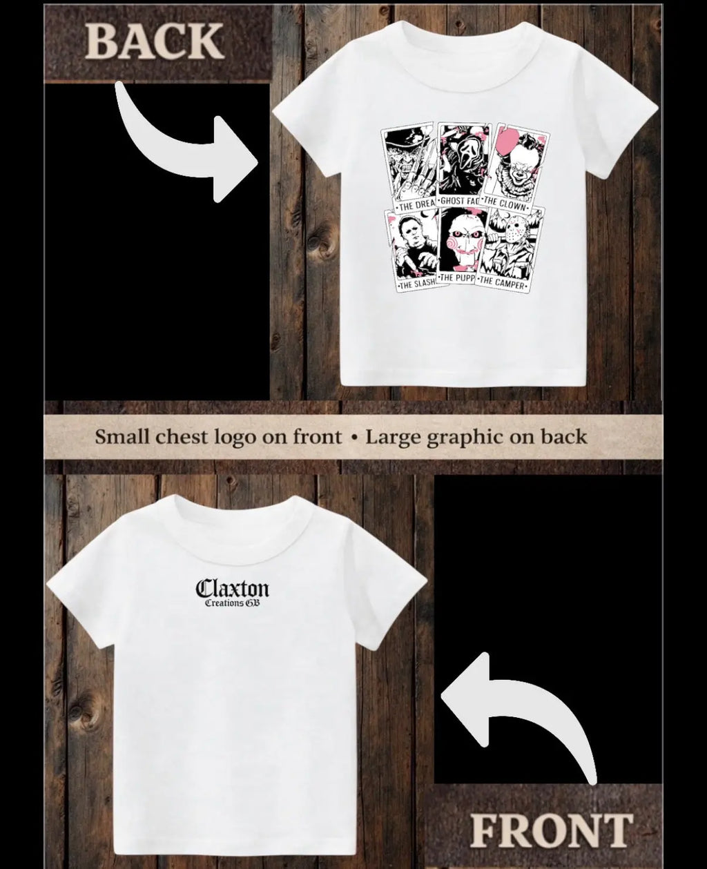 ClaxtoncreationsGB- Horror character cards white Tee Claxton Creations GB