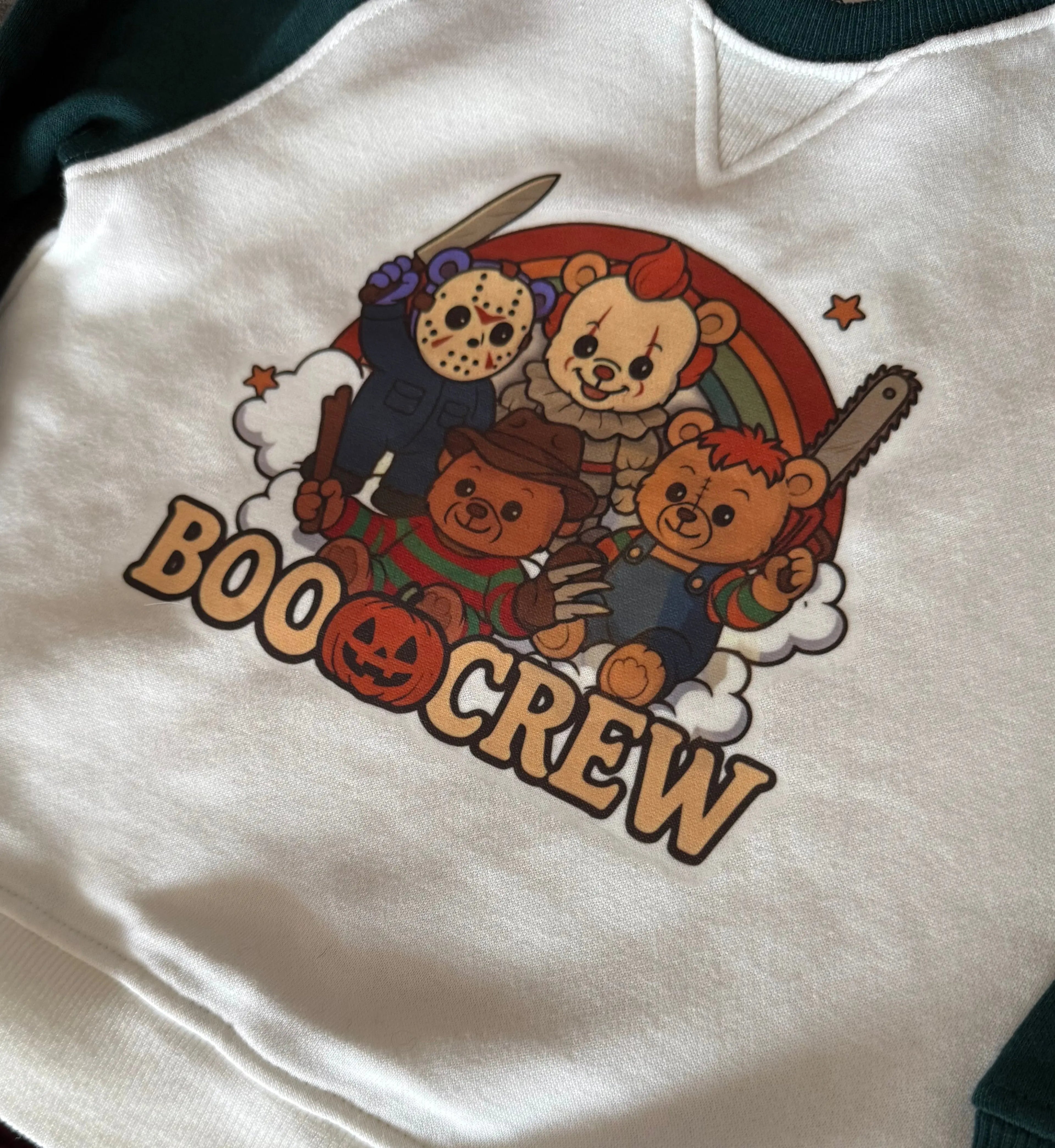 Child Boo🎃Crew print spooky green & white sweater Claxton Creations GB