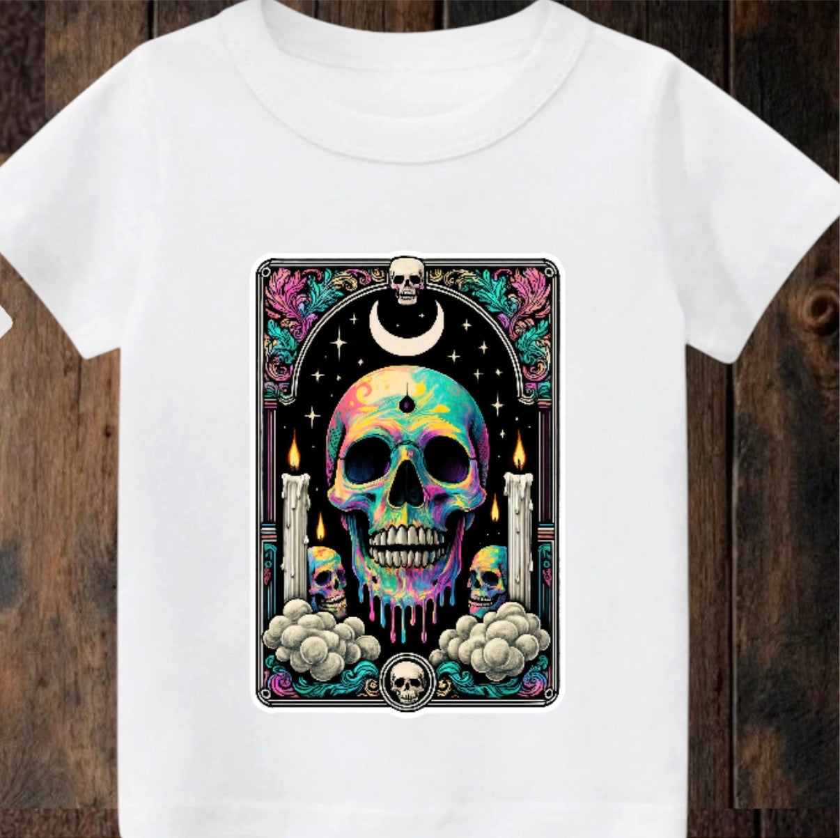 Tiny terror Tee- skull oil-spill tarot card