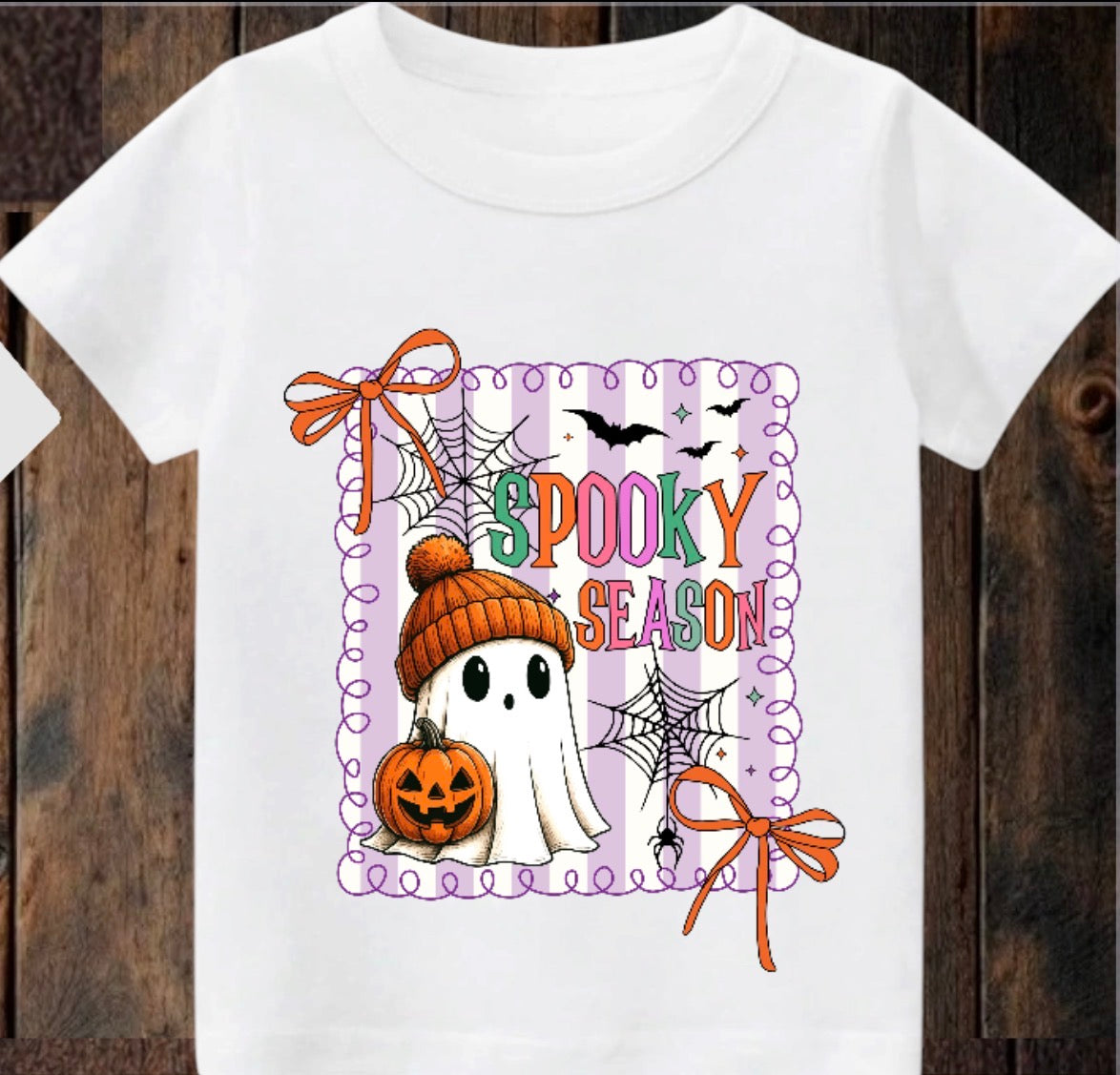 Tiny terror Tee- pink 🎀 striped spooky season postcard