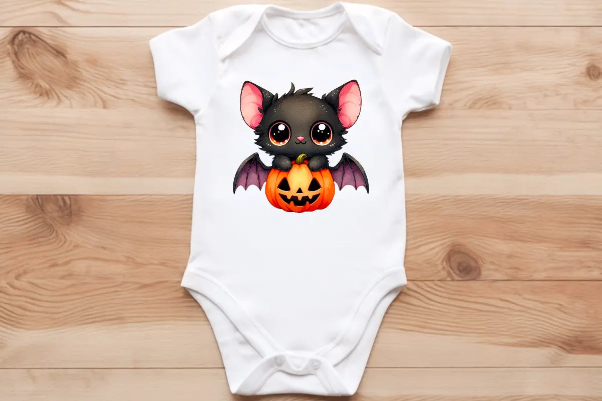 Black bat pup🦇 on a pumpkin 🎃 baby vest🖤🦔 Claxton Creations GB