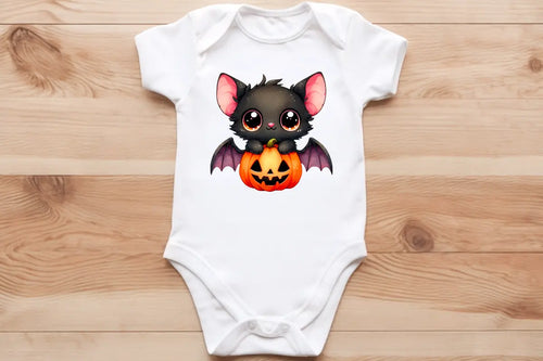 Black bat pup🦇 on a pumpkin 🎃 baby vest🖤🦔 Claxton Creations GB