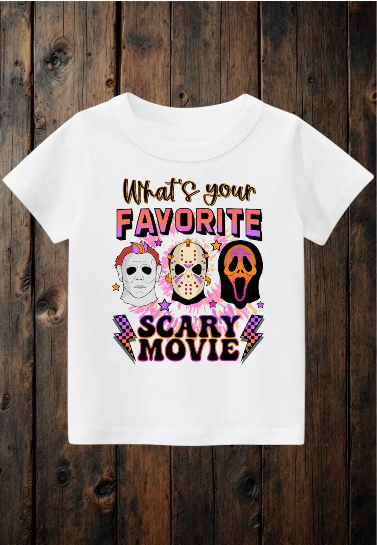 Tiny terrors- What’s your favourite scary movie?- white Tee Claxton Creations GB