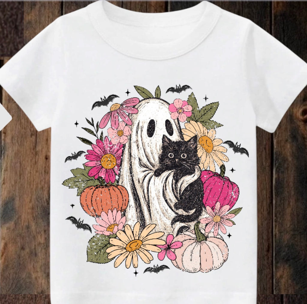 Tiny terror Tee- Floral 💐Ghosts 👻 love cats too🐱