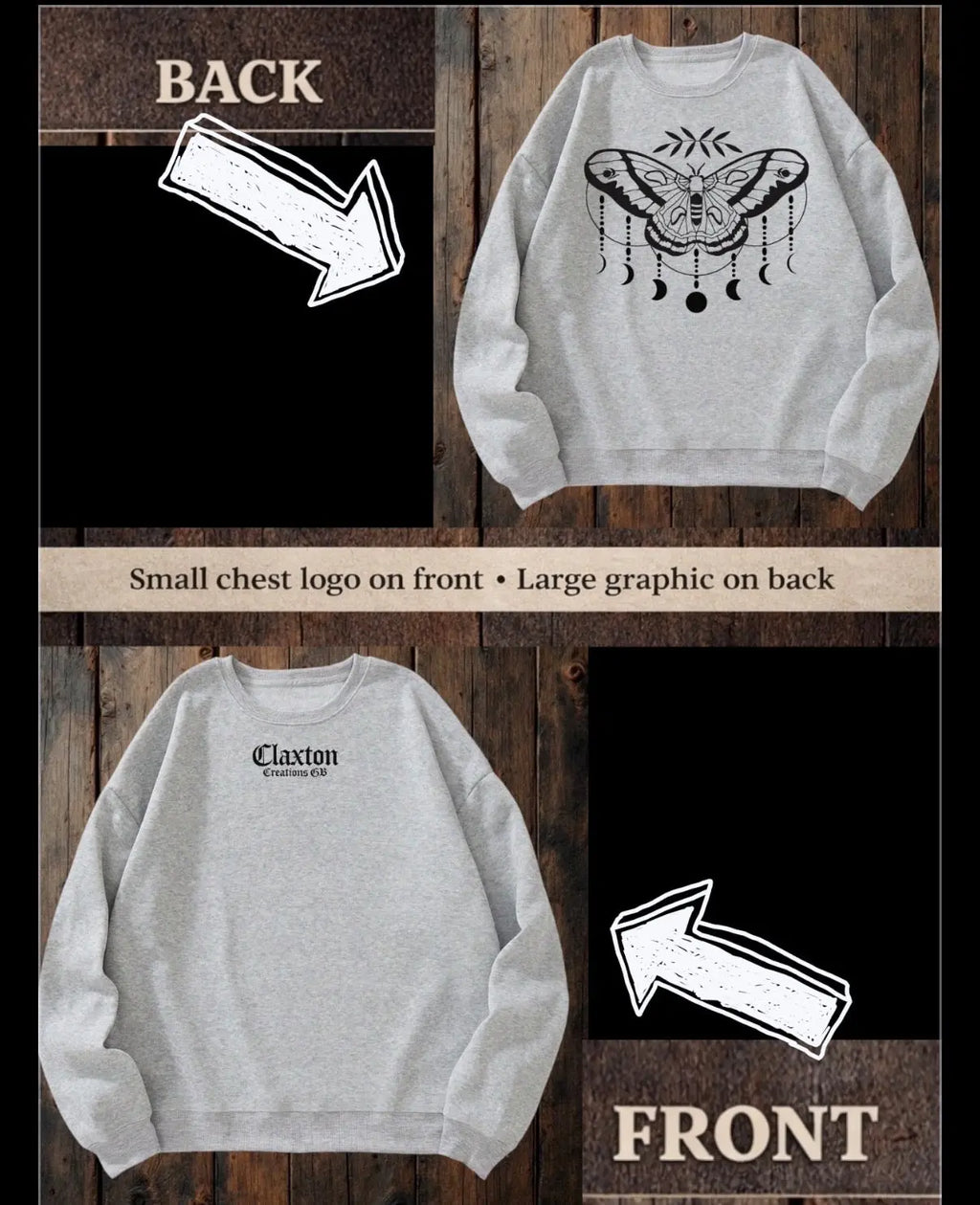 ClaxtoncreationsGB- Majestic moon-moth Grey sweater Claxton Creations GB