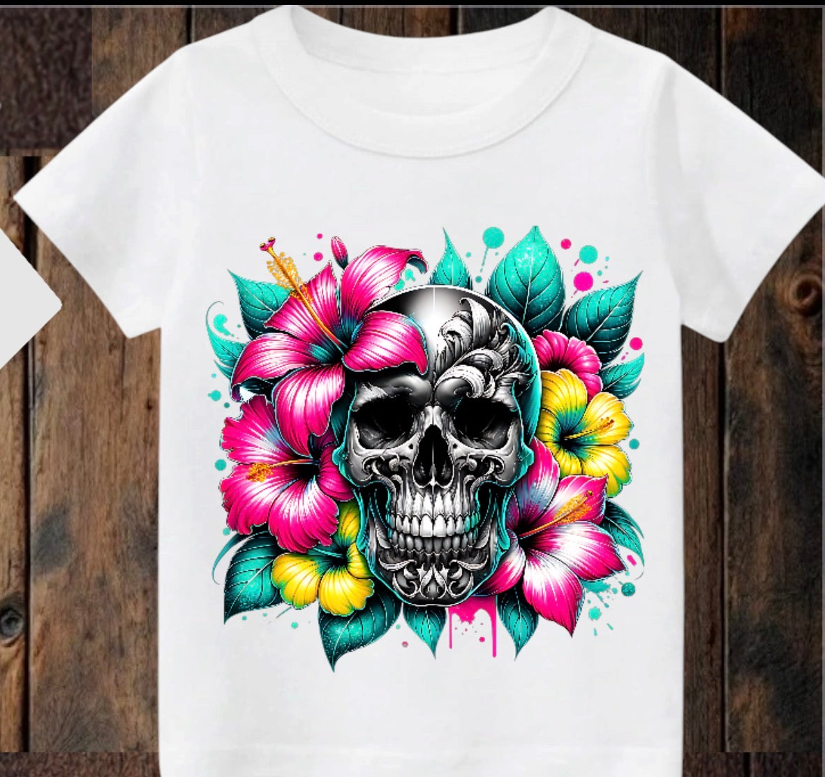 Tiny terror Tee- bright floral 💐 skull 💀