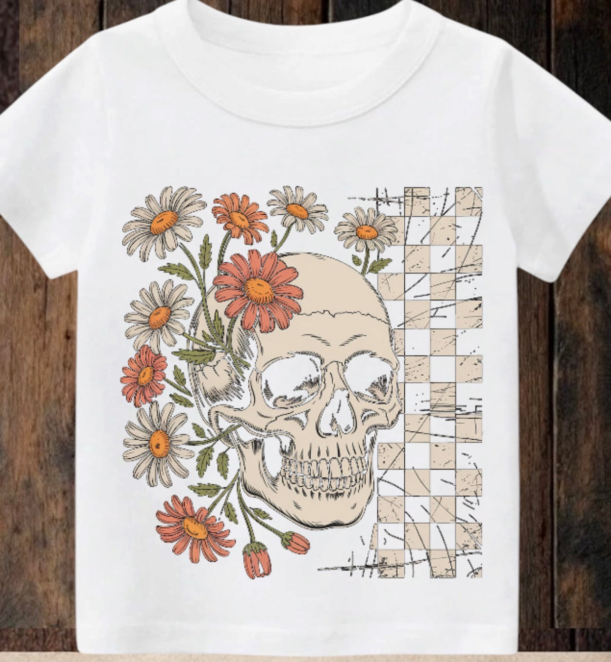 Tiny terror Tee- beige checkered & floral 🌸 skull