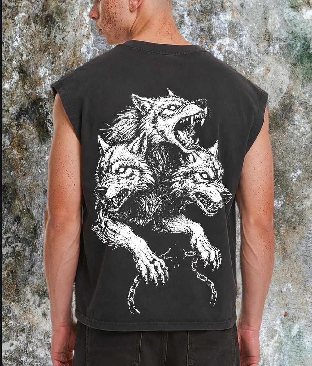 Men’s Cropped vintage Cerberus 🐾washed sleeveless vest🖤 Claxton Creations GB