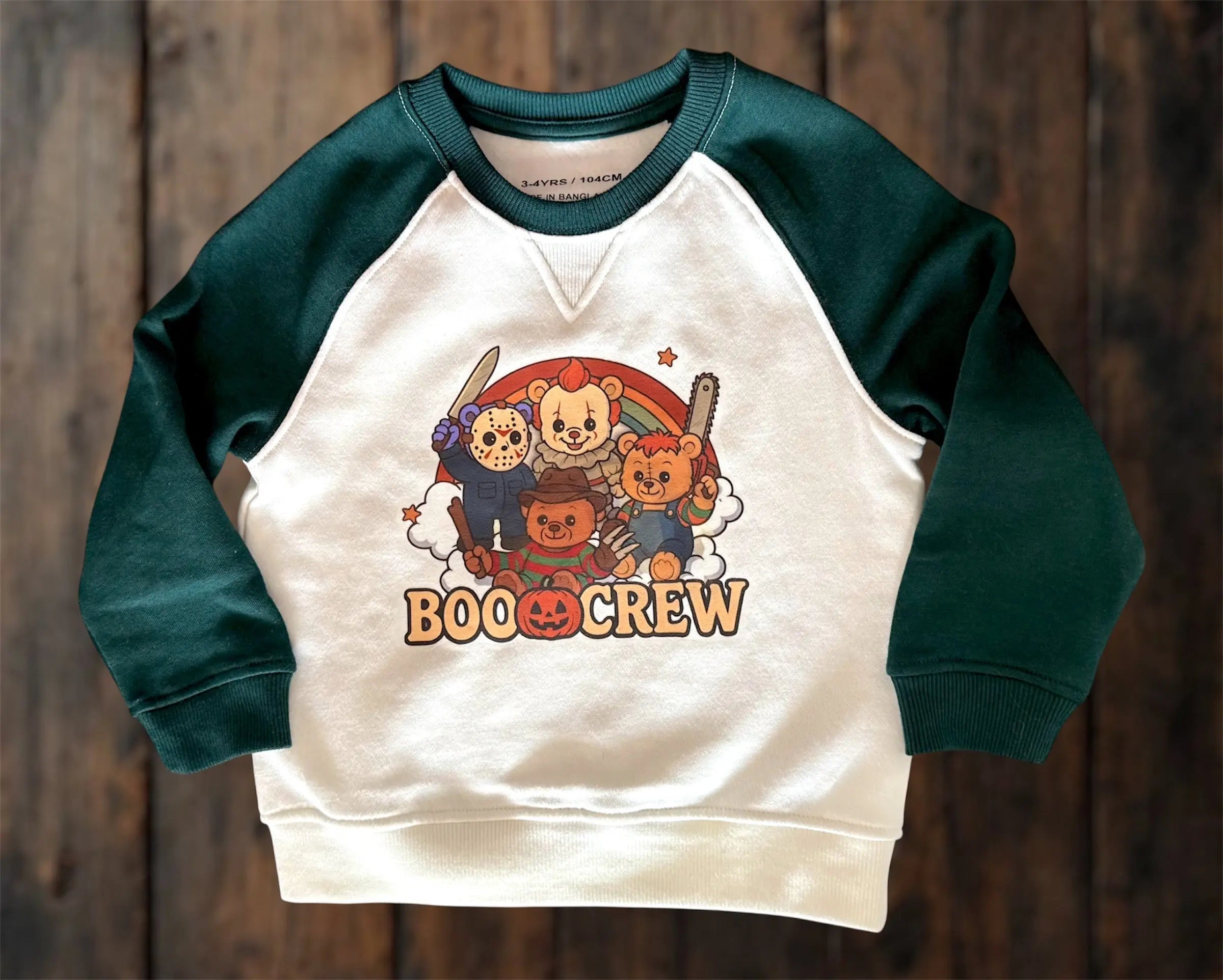 Child Boo🎃Crew print spooky green & white sweater Claxton Creations GB