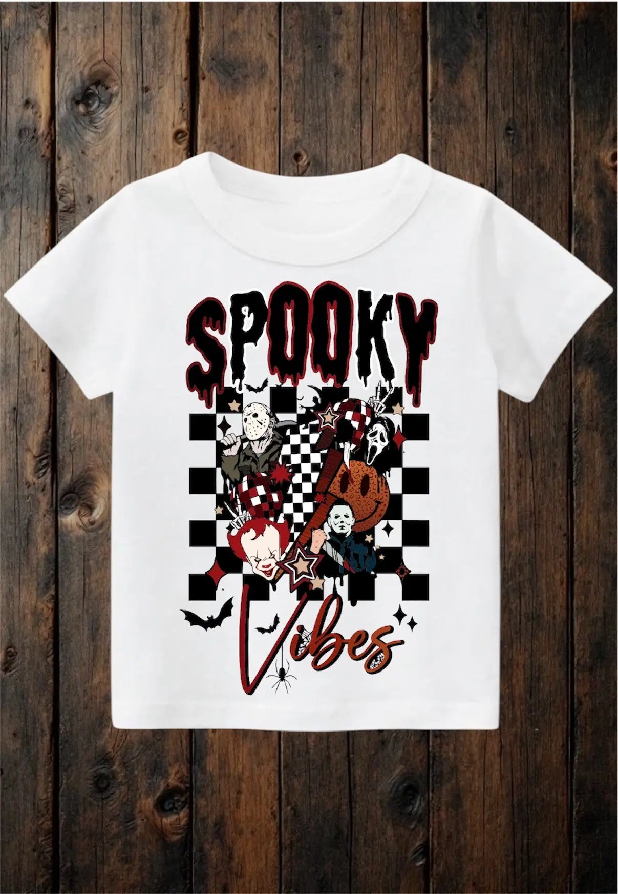 Tiny terrors- Checkered horror Spooky vibes- white tee Claxton Creations GB