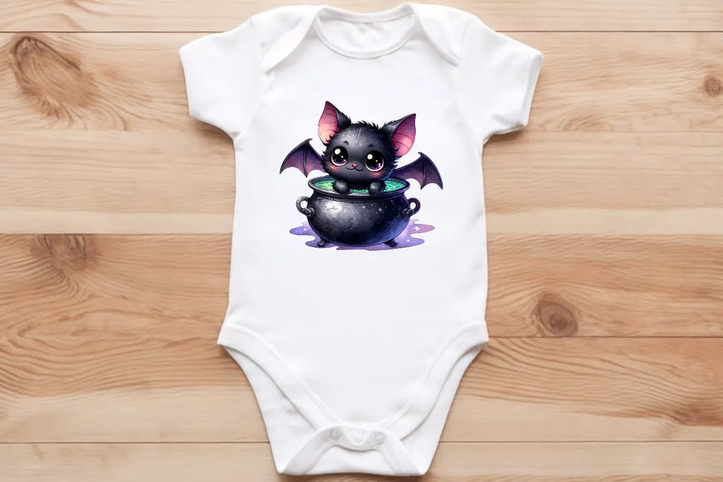 bat pup inside cauldron 🦇 baby vest🖤🦔 Claxton Creations GB
