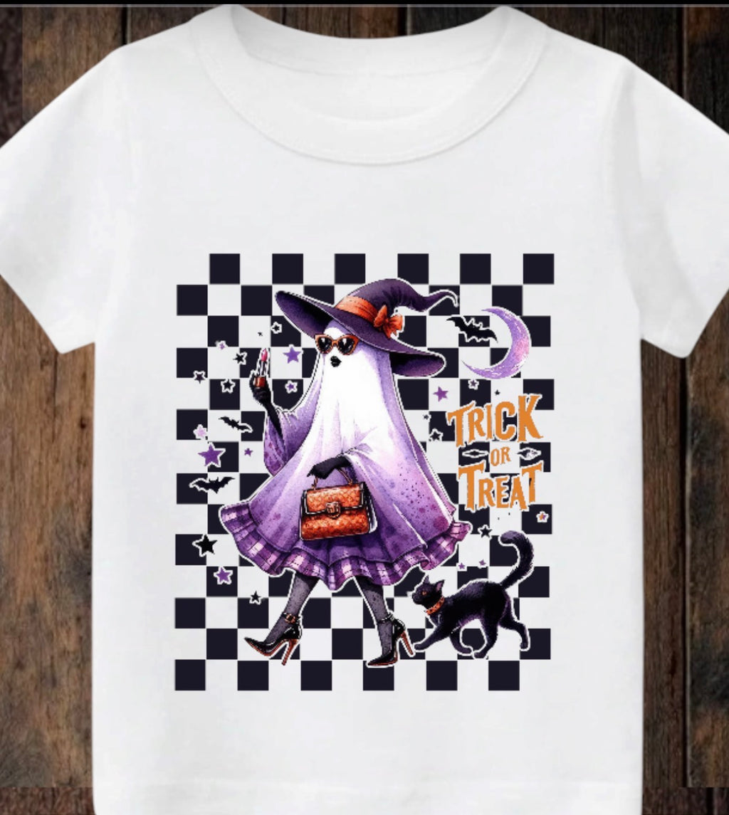 Tiny terror Tee- checkered cat 🐈‍⬛ & Lady ghost👠
