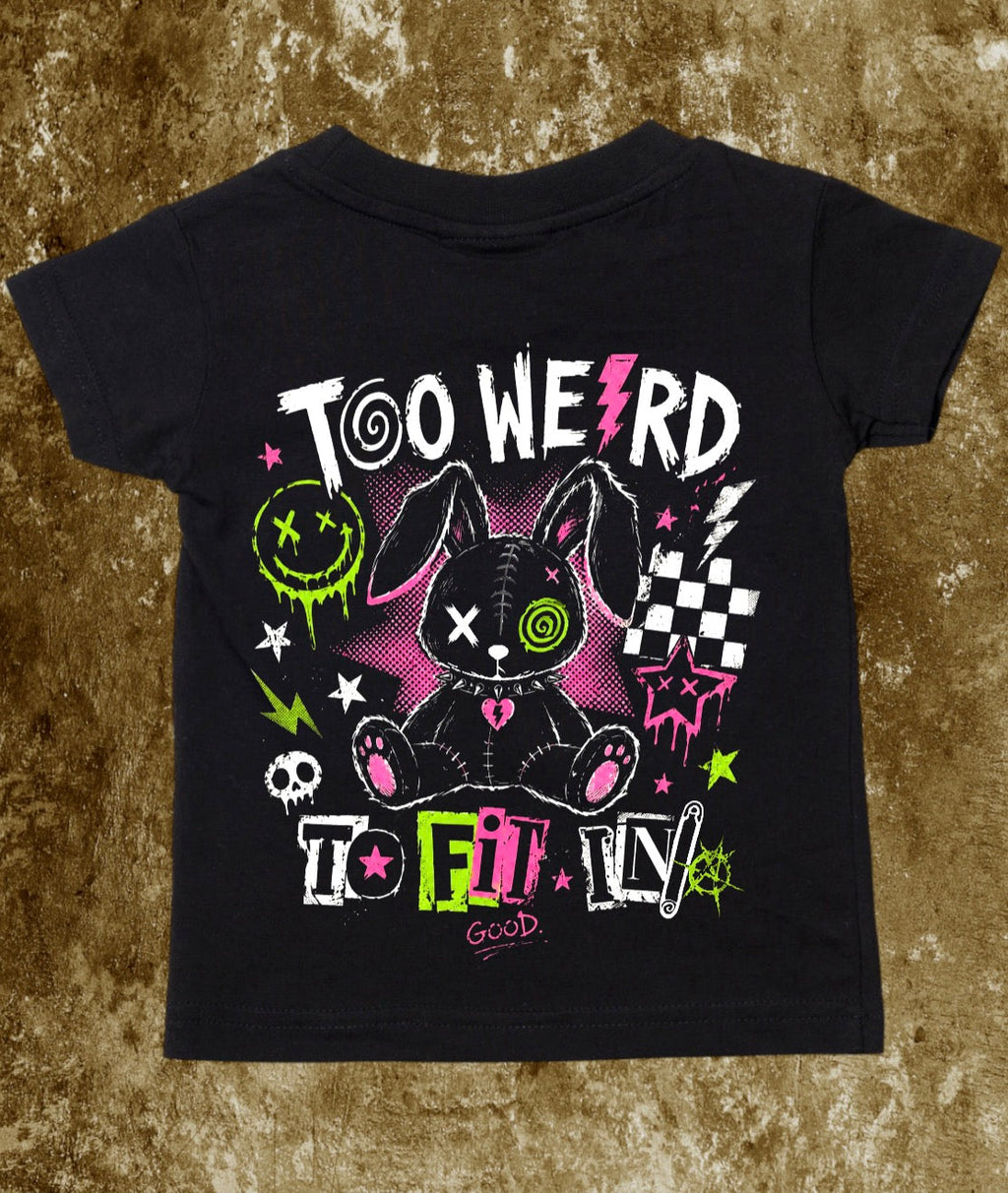 Too weird🐰to fit in kids black T-shirt🖤 Claxton Creations GB