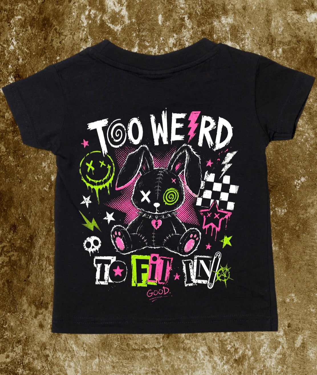 Too weird🐰to fit in kids black T-shirt🖤 Claxton Creations GB