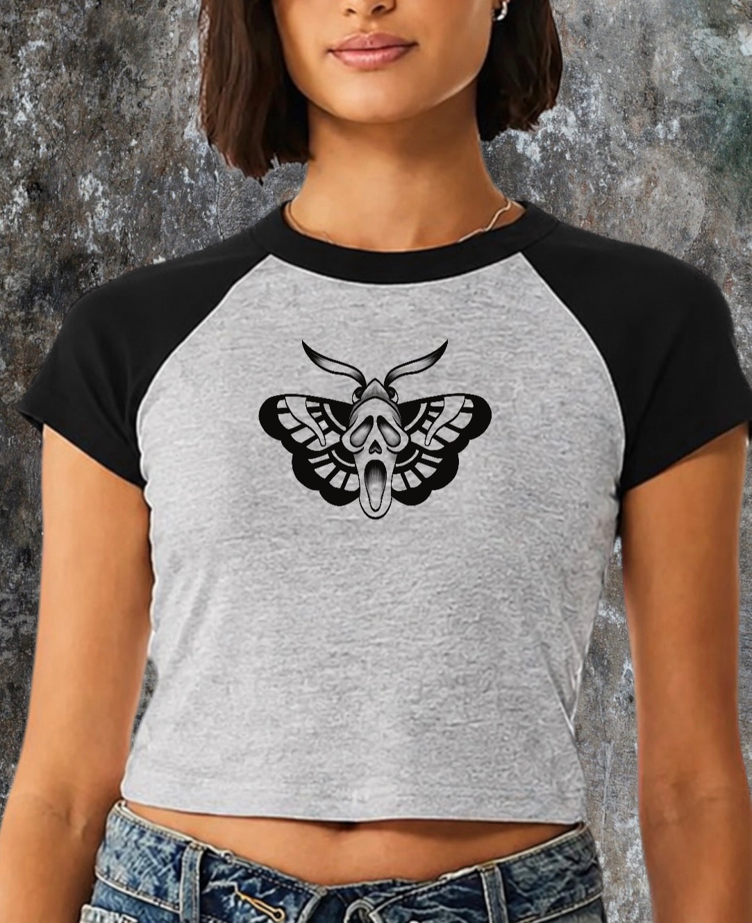 👻 SCREAMOTH — Women’s Micro-Rib Raglan Baby T-Shirt 🦋- Athletic Heather & Black Claxton Creations GB