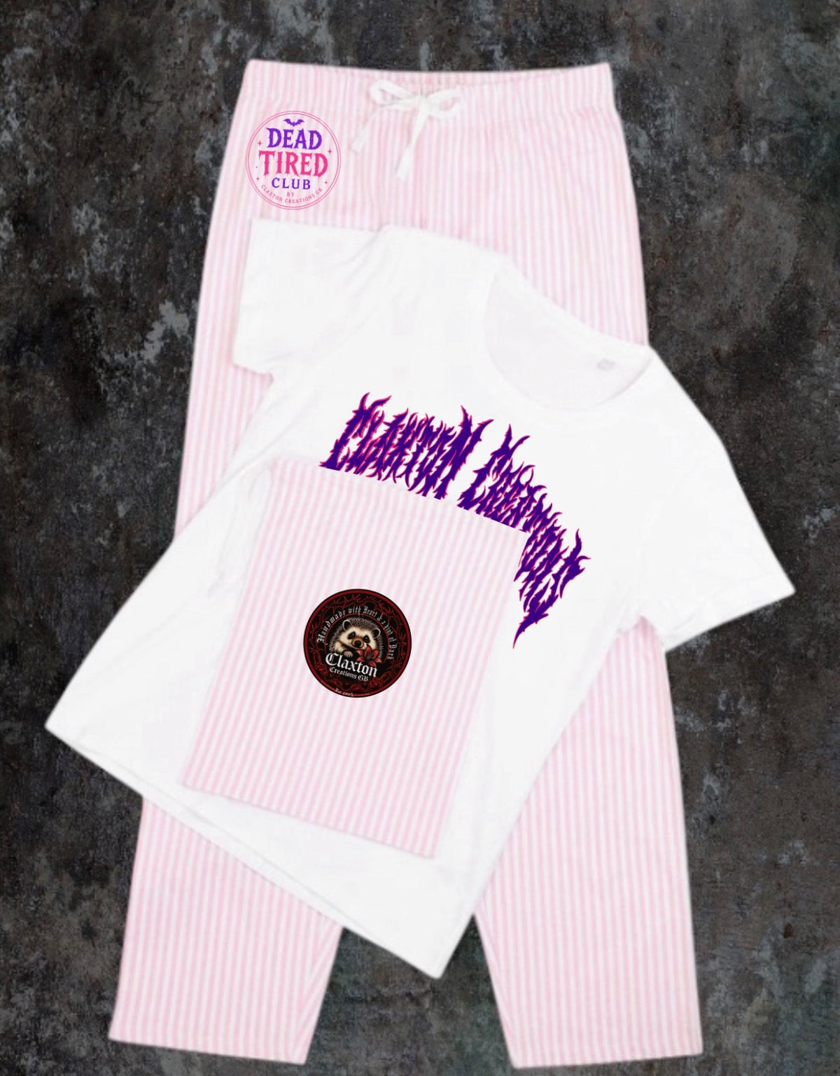 Dead Tired💀Pink Stripe cotton pjs set💖 Claxton Creations GB
