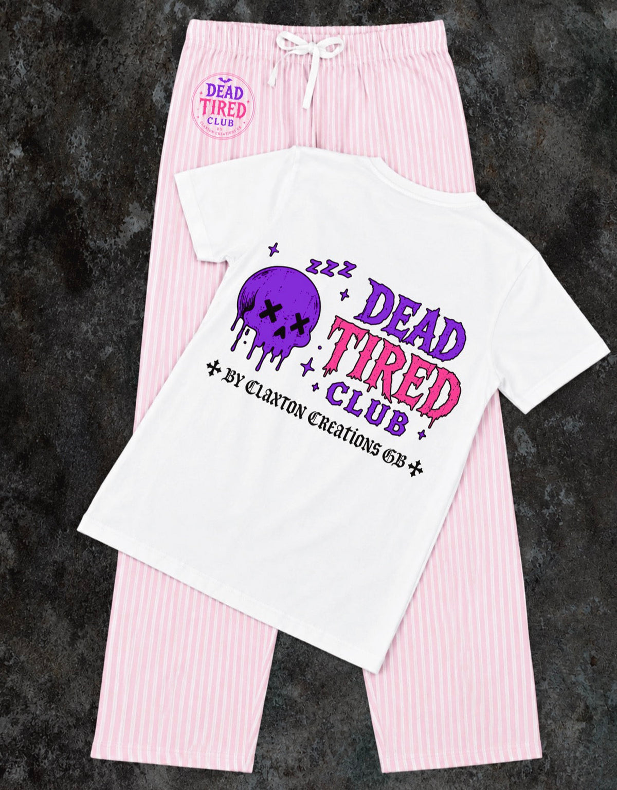 Dead Tired💀Pink Stripe cotton pjs set💖 Claxton Creations GB