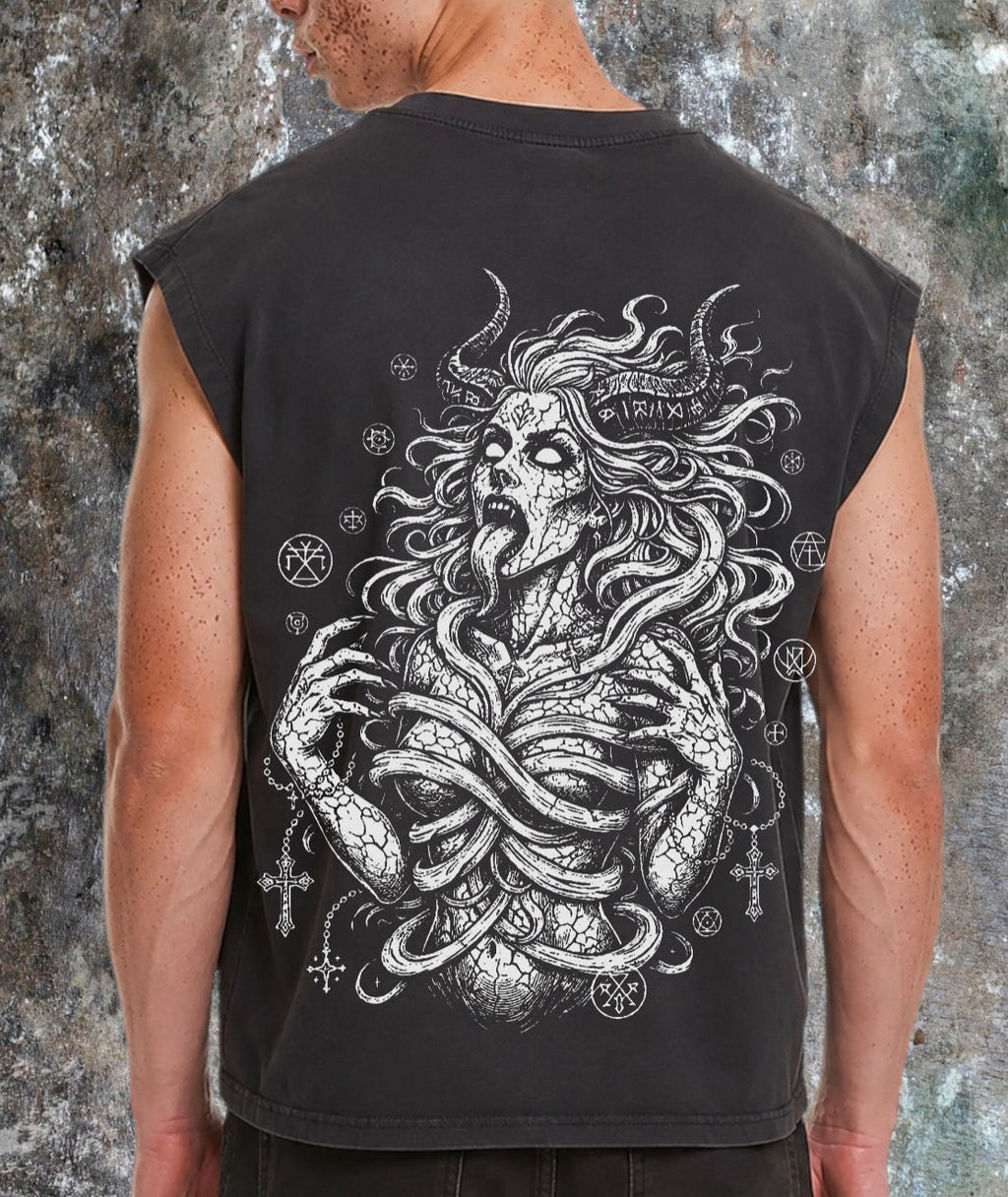 🖤 Men’s Cropped Vintage “Unholy Woman II” ✝️ Washed Sleeveless Vest Claxton Creations GB