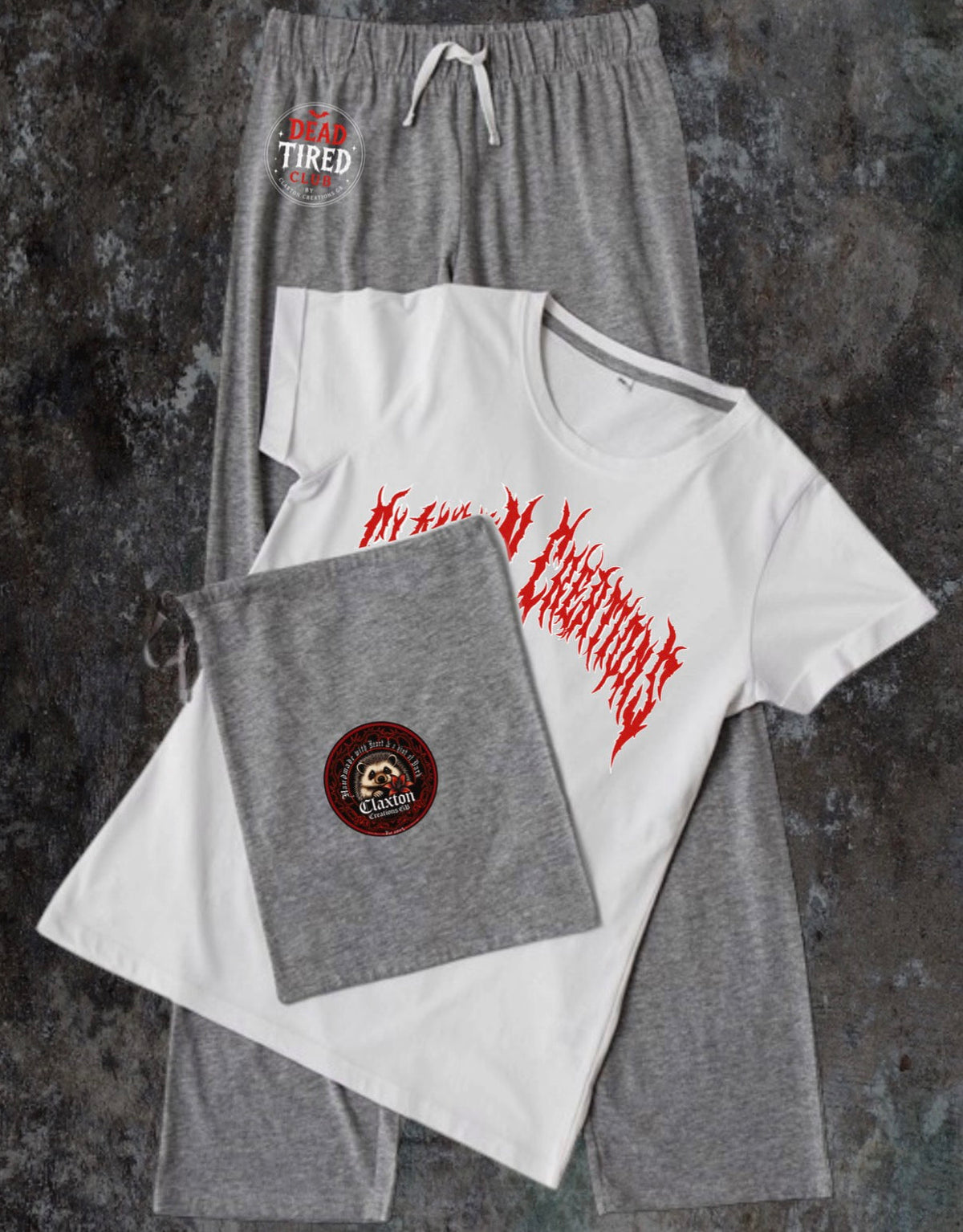 Claxton Creations 🖤 Dead Tired 💀 Heather Grey PJ Set 🩶 Claxton Creations GB
