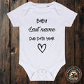🤍 Pregnancy Announcement: Personalised ‘Baby - Last name- Due Date & Year ’ Vinyl detailing white baby vest