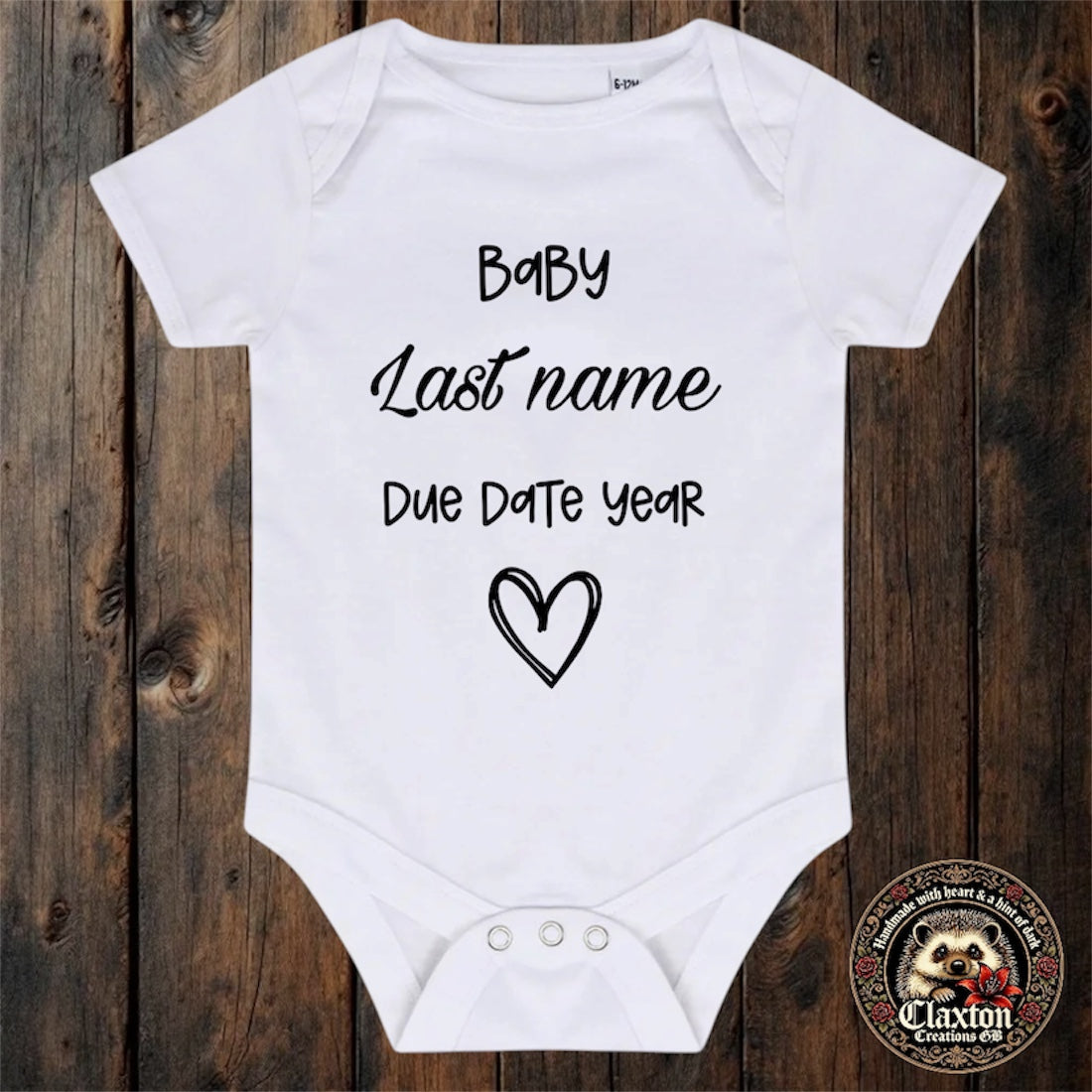 🤍 Pregnancy Announcement: Personalised ‘Baby - Last name- Due Date & Year ’ Vinyl detailing white baby vest