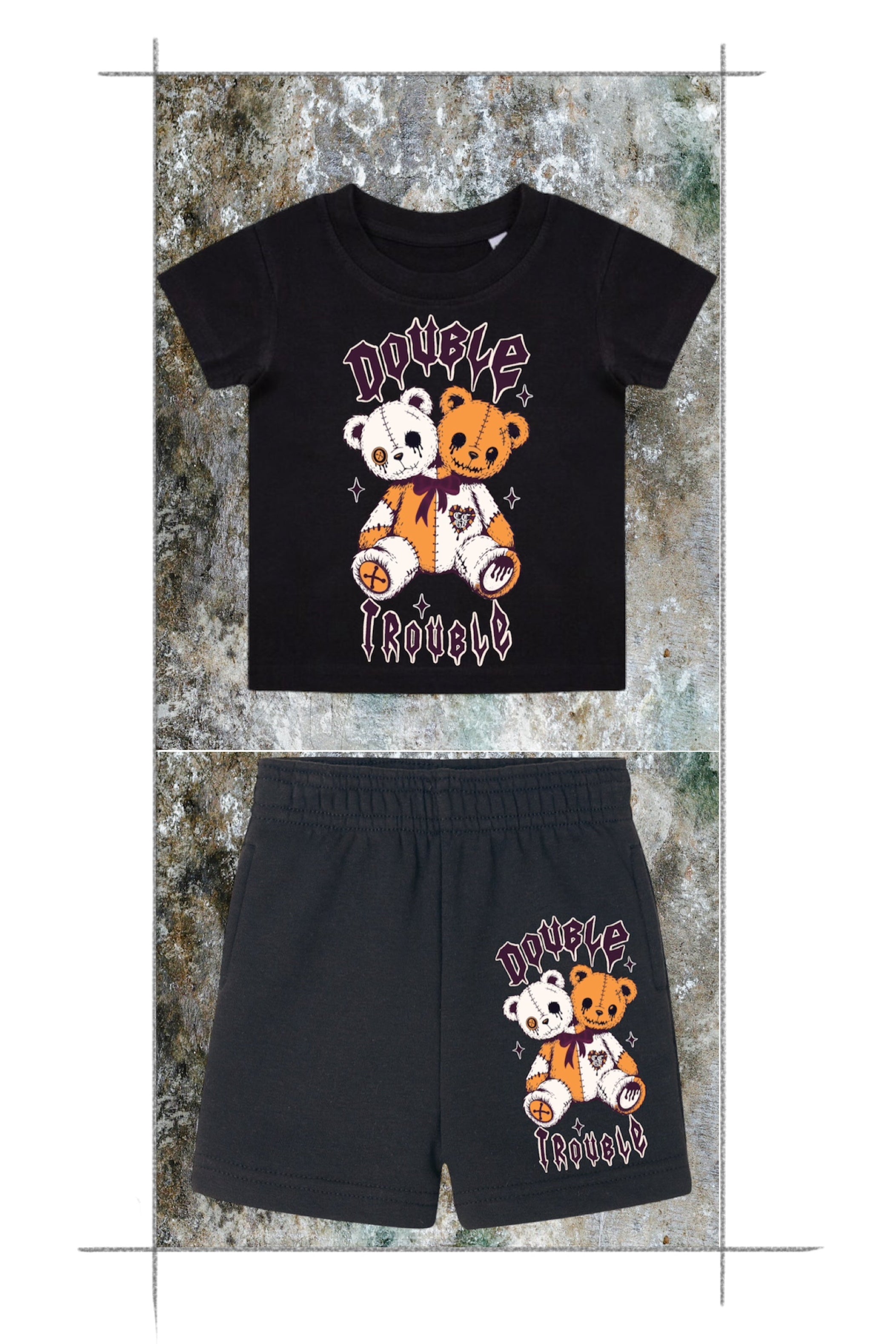 DOUBLE TROUBLE 🐻 kids CCGB black Co-ord T-shirt & shorts set🖤 Claxton Creations GB